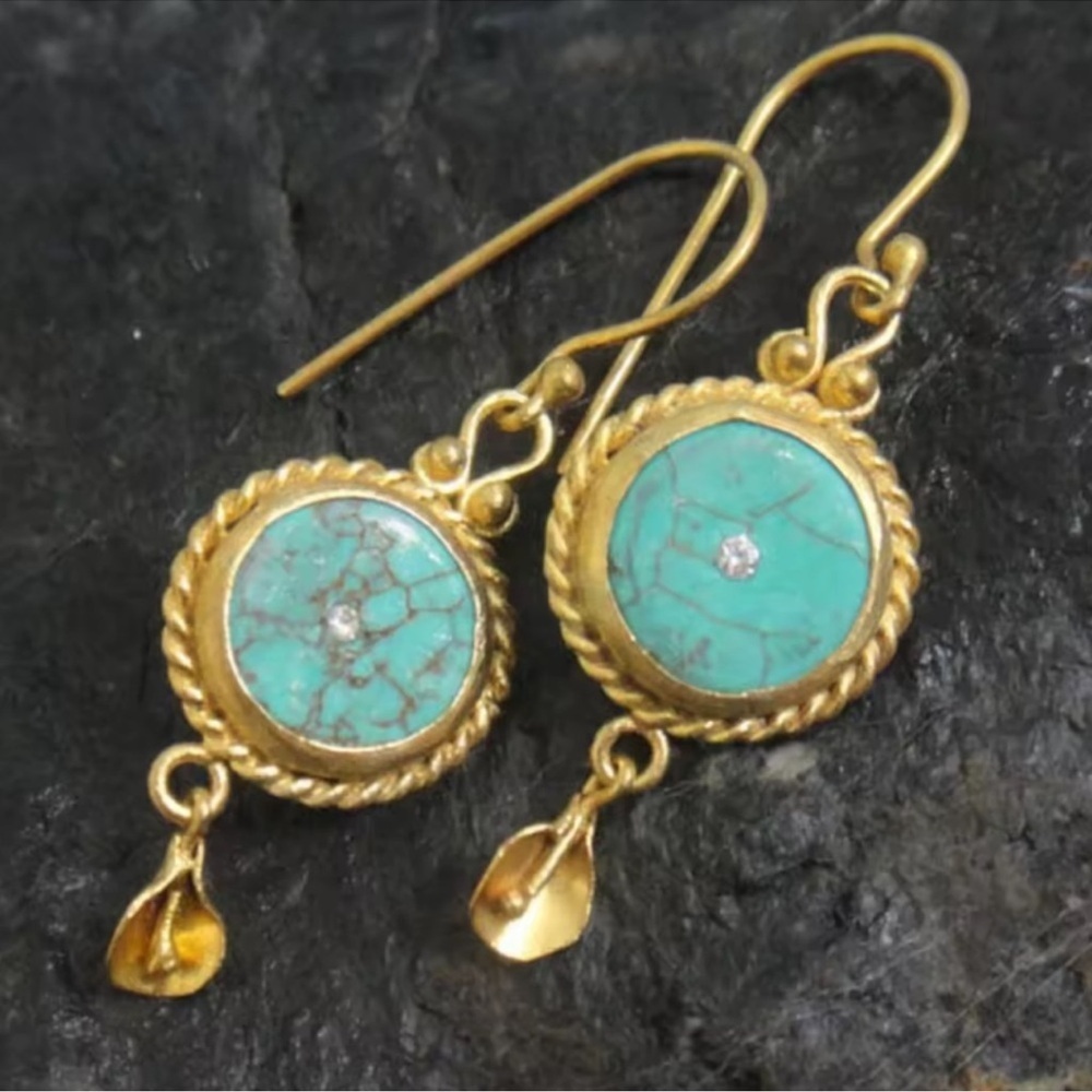 Victorian Gold Turquoise Vintage Earrings - Picture 5 of 6